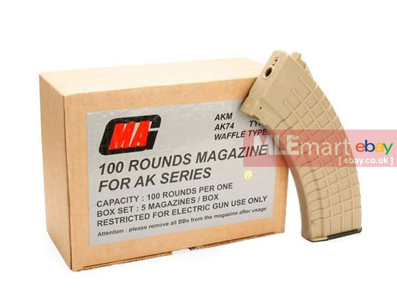 MLEmart.com - MAG 100rd Waffle Magazine for AK Series AEG (Sand, 5pcs)