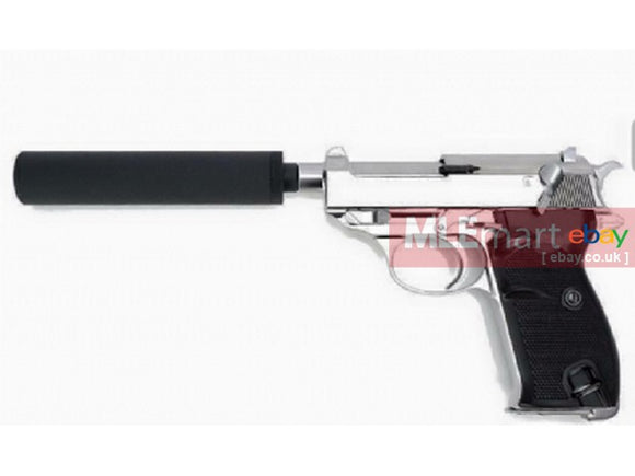 WE Short Outer Barrel P38 GBB Pistol with Metal Silencer(Silver) - MLEmart.com