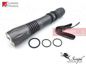 MLEmart.com - Lumens Factory Seraph SP-9, 3 Cell Flashlight (Body Only) - Charcoal Grey, Crenelated Bezel