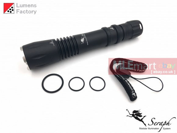 MLEmart.com - Lumens Factory Seraph SP-9, 3 Cell Flashlight (Body Only) - HA3 Flat/Matt Black, Crenelated Bezel