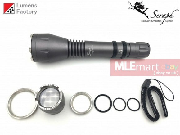 MLEmart.com - Lumens Factory Seraph SP-9 Turbo, 3 Cell Turbohead Flashlight, Charcoal Grey. Cree XHP50.2 (2000 Lumens) - Mil-Spec QPQ Black Bezel Version